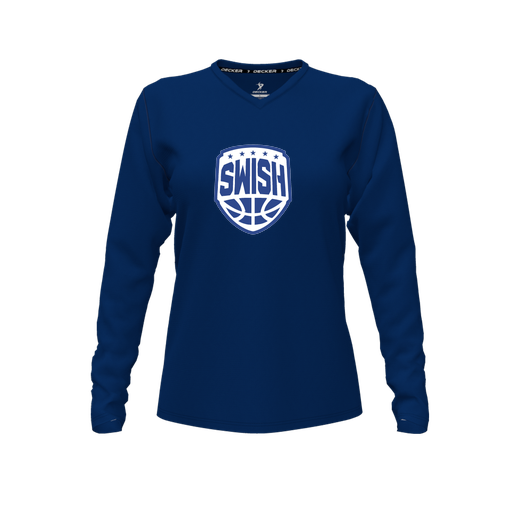 [CUS-DFW-TEES-PER-VNK-LSL-NVY-FYXS-LOGO1] Performance T-Shirt (Female Youth XS, Navy, V Neck, Logo 1, Long Sleeve)