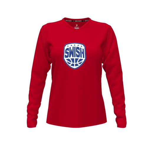 [CUS-DFW-TEES-PER-VNK-LSL-RED-FYXS-LOGO1] Performance T-Shirt (Female Youth XS, Red, V Neck, Logo 1, Long Sleeve)